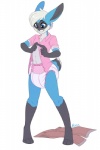 anthro blue_body blue_eyes blue_fur clean_diaper clothed clothing diaper fur male paws smile solo standing undressing wearing_diaper strawberryneko lagomorph leporid mammal rabbit