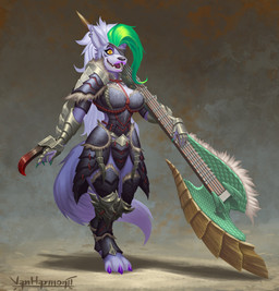 anthro armor breasts ear_piercing ear_ring eye_patch eyewear female hunting_horn leather leather_armor looking_at_viewer melee_weapon open_mouth piercing ring_piercing simple_background smile solo tail weapon vanharmontt capcom five_nights_at_freddy's five_nights_at_freddy's:_security_breach monster_hunter scottgames steel_wool_studios roxanne_wolf canid canine canis mammal wolf 2022 absurd_res digital_media_(artwork) hi_res