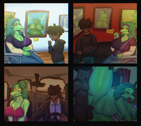 age_difference age_progression aged_up anthro areola belly big_breasts blush blush_lines bodily_fluids breasts crying dark_body dark_skin duo exhibit eyelashes female freckled_arms freckled_breasts freckled_face freckled_legs freckled_thighs freckles genitals glistening_eyelids green_body green_hair hair hair_over_eyes long_eyelashes male male/female nipples penetration penile penile_penetration penis penis_in_vagina piercing sex spread_legs spreading tear_trough tears time_lapse time_period time_skip tongue tongue_out vaginal vaginal_penetration vehicle wheelchair yellow_eyes kenonsfw cavemanon_studios i_wani_hug_that_gator olivia_halford baryonyx dinosaur human mammal prehistoric_species reptile saurischian scalie spinosaurid theropod absurd_res comic hi_res