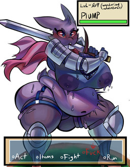 anthro anthrofied areola armor armored_boots belly belly_overhang big_areola big_belly big_breasts blush bodily_fluids boots breasts cape clothing female footwear gameplay_mechanics garter_straps gauntlets gloves gui handwear health_bar holding_object holding_weapon huge_areola huge_breasts ineffective_clothing legwear love_handles melee_weapon motion_lines navel nipples overweight overweight_anthro overweight_female purple_areola purple_nipples red_eyes scut_tail shoes short_tail solo stockings sweat sweaty_belly sweaty_breasts sword tail thigh_highs torn_clothing torn_legwear translucent translucent_clothing weapon isolatedartest nintendo pokemon plump_(character) generation_1_pokemon gengar pokemon_(species) digital_media_(artwork) hi_res