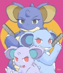 abstract_background aquabunny blue_eyes evolutionary_family female feral generation_1_pokemon group gun handgun holding_gun holding_object holding_ranged_weapon holding_weapon nidoqueen nidoran nidoran♀ nidorina nintendo pistol pokemon pokemon_(species) ranged_weapon red_eyes teeth weapon