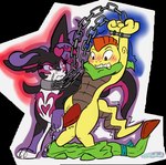 bdsm bindings bodily_fluids bondage bottomwear bottomwear_down bound chain clothed clothing dominant dominant_female duo female feral genital_fluids genitals light_bondage looking_upset male male/female pants pants_down partially_clothed penis precum slit_penis neon_dontlook nintendo pokemon eeveelution generation_5_pokemon generation_6_pokemon humanoid pokemon_(species) scrafty sylveon