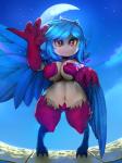 animal_legs blue_hair breasts feathered_wings feathers female hair looking_at_viewer moon navel night outside red_eyes short_stack sky solo standing star starry_sky wings plantpenetrator european_mythology greek_mythology mythology terraria avian harpy harpy_(terraria) humanoid mythological_avian mythological_creature 2014 3:4 digital_media_(artwork) hi_res