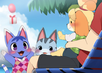 anthro blush bodily_fluids female gesture group male male/female on_lap sitting sitting_on_lap size_difference sweat sweatdrop waving dagasi animal_crossing nintendo isabelle_(animal_crossing) lolly_(animal_crossing) rosie_(animal_crossing) human mammal hi_res