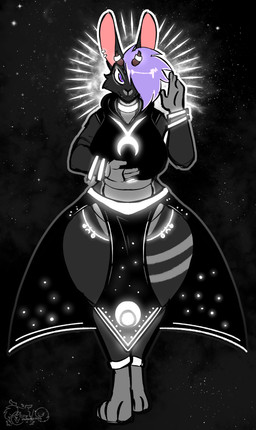 anthro big_breasts breasts clothed clothing curvy_figure female horn jewelry looking_at_viewer moon piercing solo space voluptuous commanderthings lagomorph mammal absurd_res hi_res