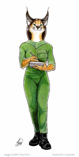 anthro biped black_clothing black_footwear boots bottomwear clothed clothing coveralls ear_tuft female footwear front_view fully_clothed fur green_bottomwear green_clothing green_eyes green_topwear hair holding_object inner_ear_fluff jumpsuit military pencil_(object) shoes simple_background solo standing tablet tablet_computer topwear tuft whiskers white_background tiina_purin duma caracal caracal_(genus) domestic_cat felid feline felis mammal 2004 colored_pencil_(artwork) full-length_portrait portrait signature traditional_media_(artwork)