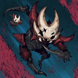1_toe 4_eyes action_pose biped black_body blue_background exoskeleton eye_scar facial_scar male midair multi_eye multicolored_body pose red_body scar sharp_teeth simple_background solo teeth two_tone_body lehmannthiago hollow_knight:_silksong hollow_knight_(franchise) team_cherry crust_king_khann arthropod order_of_karak 1:1 absurd_res hi_res reference_image