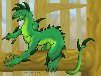 ankle_spikes anthro arm_spikes back_spikes claws digitigrade green_body green_claws green_spikes in_tree knee_spikes leg_spikes male orange_eyes plant prehensile_tail pupils side_view slit_pupils solo spiked_tail spikes spikes_(anatomy) tail tail_around_tree tree shads_(artist) animorphs alien hork-bajir 2004 dated digital_media_(artwork) full-length_portrait portrait shaded soft_shading