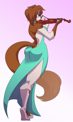 backless_dress black_nose blue_clothing blue_dress bowed_string_instrument brown_body brown_fur brown_hair brown_markings brown_tail butt butt_pose clothed clothing dress female fur gloves_(marking) hair markings musical_instrument pose slit_dress solo string_instrument tail violin white_body white_fur zeltha canid canine canis domestic_dog mammal 3:5 absurd_res digital_drawing_(artwork) digital_media_(artwork) hi_res