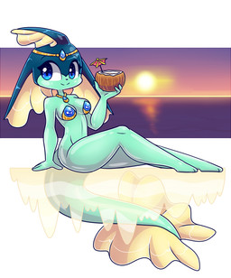 anthro big_eyes big_tail biped blue_eyes bottomless breasts clothed clothing coconut crown detailed_background drupe_(fruit) featureless_feet feet female fin food fruit gem head_fin headgear jewelry long_tail looking_at_viewer necklace non-mammal_breasts pasties plant pokemorph princess royalty sea sitting smile solo sun sunset tail tail_fin water wet hashu nintendo pokemon cascade_(hashu) fan_character aquatic eeveelution fish generation_1_pokemon pokemon_(species) vaporeon