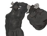 anthro bebebebebe biped black_body black_fur black_hair bodily_fluids bovid bovine cattle eyebrows front_view fur genitals hair half-erect horn male mammal mouth_closed muscular muscular_male nipples nude pecs penis simple_background solo sweat white_background