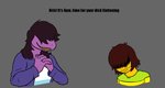 anthro breasts brown_hair clasped_hands clothed clothing duo female frown grin hair hand_holding larger_female male sharp_teeth shirt simple_background size_difference smaller_male smile stated_gender teeth text topwear yellow_teeth evergreenplate deltarune dick_flattening undertale_(series) kris_(deltarune) masc_kris_(deltarune) susie_(deltarune) human mammal scalie 2020 digital_media_(artwork) english_text meme