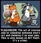 ambiguous_gender anthro blue_eyes breasts camera canid canine computer drawing duo electronics english_text female fox green_eyes mammal o-kemono painting plagiarism printer procyonid raccoon text url