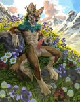 anthro balls big_penis blue_eyes brown_body brown_fur crown detailed_background flower foreskin fur genitals gesture green_body green_fur hand_gesture headgear humanoid_genitalia humanoid_penis leaning leaning_backward licking licking_lips looking_at_viewer male mountain muscular muscular_anthro muscular_male open_mouth paws penis plant relaxing rock solo tan_body tan_fur tongue tongue_out v_sign ewademar canid canine canis coyote mammal hi_res