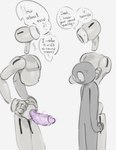 ambiguous_gender anthro big_penis blush blush_lines dialogue floating genitals group machine male penis speech_bubble text trio kogito airpods anon animate_inanimate living_earbud living_machine robot english_text hi_res