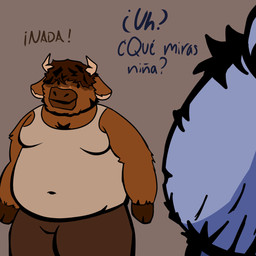 age_difference body_hair looking_at_belly male male/male obese obese_male overweight overweight_male standing fattydelta bovid bovine cattle elephant elephantid mammal proboscidean 1:1 absurd_res hi_res