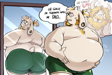 2_horns aged_up anthro beard belly big_belly big_butt blonde_beard blonde_body_hair blonde_facial_hair blonde_hair blonde_mustache blush bodily_fluids boxer_briefs boxer_briefs_only butt chest_tuft clothed clothing ear_piercing eyewear facial_hair fat_rolls fur gauged_ear glasses green_boxer_briefs green_clothing green_underwear hair happy highlighted_text holding_belly horn inside long_ears looking_at_mirror looking_at_object looking_at_own_butt looking_at_reflection love_handles male mirror mirror_reflection moobs mustache navel nervous nervous_sweat obese obese_anthro obese_male open_mouth open_smile overweight overweight_anthro overweight_male piercing pink_clothing pink_shirt pink_topwear ponytail rear_view reflection self-conscious shirt short_tail smile solo sound_effects sweat tail text thinking thinking_about_another thought_bubble toony topless topless_anthro topless_male topwear tuft underwear underwear_only wearing_glasses white_body white_fur racesolar deltarune undertale undertale_(series) asgore_dreemurr asriel_dreemurr boss_monster_(undertale) bovid caprine goat mammal 2026 colored digital_drawing_(artwork) digital_media_(artwork) english_text hi_res father_(lore) father_and_child_(lore) father_and_son_(lore) parent_(lore) parent_and_child_(lore) parent_and_son_(lore) son_(lore)