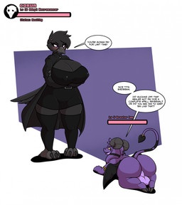 accessory anthro anus backsack balls beak big_butt black_body black_clothing black_dress black_hair black_legwear black_thigh_highs blush breasts butt clothed clothed_anthro clothed_female clothing cross-popping_vein dialogue dress duo ear_piercing ear_ring female fur furgonomics gameplay_mechanics genitals gui hair health_bar jewelry larger_anthro larger_female legwear level_difference level_number male piercing purple_body purple_eyes purple_fur red_eyes ring ring_piercing size_difference smaller_anthro smaller_male speech_bubble tail tail_accessory tail_jewelry tail_ring text thigh_highs wings yellow_sclera larikane corva_frost avian bird corvid corvus_(genus) crow demon imp oscine passerine 2024 english_text hi_res story story_in_description