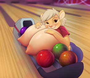 anthro areola ball big_breasts bowling_ball breasts brown_eyes clothed clothing female flashing huge_breasts hyper hyper_breasts looking_at_viewer nipples smile solo yellow_sclera cubikore felid lion mammal pantherine character_request