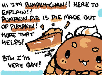 ambiguous_form ambiguous_gender black_eyes black_text blush blush_lines brown_blush brown_body chibi circle_eyebrows dairy_products dialogue dot_eyes emanata exclamation_point eyebrows food noseless open_:3 open_mouth open_smile pastry pie pumpkin_pie simple_background simple_eyes smile solo squigglevision text whipped_cream white_background ligma_(artist) pumpky-chan food_creature lagomorph leporid mammal rabbit 2025 animated digital_media_(artwork) english_text flat_colors handwritten_text low_res wigglypaint_(artwork) male_(lore)