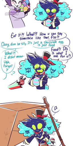 4_panel_comic aged_down anthro basket black_body black_feathers blue_body blue_clothing blue_feathers blush bodily_fluids censored_profanity clothing container crown crying dialogue disembodied_hand easter_basket easter_egg egg empty_eyes evil_grin eyes_closed feather_hair feathers forehead_tattoo glistening glistening_eyes green_eyes grin hat headgear headwear heart_symbol hiding_behind_bush holding_egg holding_knife holding_object holidays horn knife male pink_clothing pink_shirt pink_topwear plant pseudo_hair purple_clothing purring red_body red_eyes red_skin shirt shrub sleeveless_shirt small_hands smile striped_horn stripes sweat tail tail_feathers tears text top_hat topwear trap_(contrivance) yellow_sclera young norithelord easter hellaverse helluva_boss asmodeus_(helluva_boss) blitzo_(helluva_boss) fizzarolli_(helluva_boss) stolas_(helluva_boss) avian avian_demon bird demon galliform humanoid imp owl owl_demon phasianid 2023 absurd_res artist_name comic english_text hi_res watermark