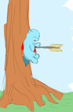 abdominal_impalement abuse ambiguous_feral ambiguous_gender arrow_(weapon) blue_body blue_fur blue_tail death dying eyes_closed feral fur gore grass impalement monotone_body monotone_fur open_mouth plant ranged_weapon side_view sky solo stuck tail tree weapon young young_ambiguous young_feral carpdime fluffy_pony fluffy_pony_(species) mammal 2014 hi_res