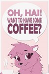 2013 2:3 anthro black_nose digital_drawing_(artwork) digital_media_(artwork) english_text eyebrows female flat_colors fur hi_res holding_mug holding_object looking_at_viewer mammal megawolf77 mink mug mustelid musteline pink_body pink_eyes pink_fur simple_background smile solo speech_bubble steam text textured_background true_musteline url whiskers