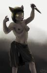 anthro beckoning bottomwear bracelet breasts clothed clothing ear_piercing egyptian female gesture jewelry knife looking_at_viewer nipple_piercing nipples piercing ring simple_background skimpy skirt solo topless coffeestain obsidian canid canine canis jackal mammal hi_res