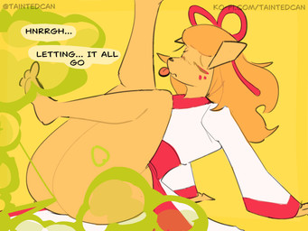 accessory anthro arm_support asian_clothing barefoot bent_leg big_butt butt clothed clothed_anthro clothed_female clothing east_asian_clothing ellipsis eyes_closed fart fart_cloud fart_fetish feet female fur hair_accessory hair_ribbon japanese_clothing kimono raised_leg reclining red_clothing ribbons simple_background sitting solo speech_bubble text toes tongue tongue_out white_clothing yellow_background yellow_body yellow_fur taintedcan undertale_(series) undertale_yellow ceroba_ketsukane canid canine fox mammal 2026 absurd_res artist_name digital_drawing_(artwork) digital_media_(artwork) hi_res url