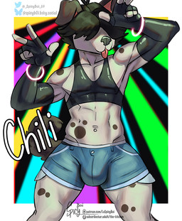 abs anthro armwear big_bulge bottomwear breasts bulge cleavage cleavage_cutout clothed clothing covered_eyes crop_top cutout elbow_gloves femboy fingerless_gloves folded_ears gloves handwear hotpants hung_femboy latex latex_clothing male markings muscle_tone navel navel_piercing neon neon_lights party piercing shirt shorts slim slim_male small_waist solo spots spotted_body text thick_thighs tight_bottomwear tight_bulges tight_clothing tight_shorts toned_body toned_thighs tongue tongue_out topwear underwear v-cut spicyboi01 chili_(spicyboi01) canid canine canis dalmatian domestic_dog humanoid mammal artist_name hi_res url