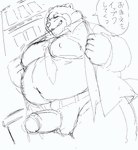 anthro belly big_belly bodily_fluids bottomwear clothed clothing dialogue genital_fluids humanoid_hands kemono male moobs necktie nipples open_clothing open_shirt open_topwear overweight overweight_male pants precum shirt solo text topwear undressing sigenoya takotyutyu canid canine mammal raccoon_dog tanuki 2023 absurd_res hi_res japanese_text monochrome sketch