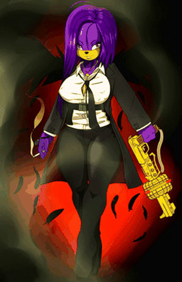 anthro belted_waist big_breasts black_bottomwear black_clothing black_pants bottomwear breasts business_attire character_focus cigarette cleavage clothed clothing confident_pose feathers female female_anthro fur gun hair jacket long_hair looking_forward necktie open_clothing open_jacket open_topwear pants purple_body purple_fur purple_hair purple_skin ranged_weapon red_background sci-fi_gun serious_expression sex shirt simple_background smoke smoke_trail smoking smoking_female solo stylized_background suit thick_thighs topwear walking weapon what white_clothing white_shirt white_topwear hermanworks 2025 animated low_res short_playtime