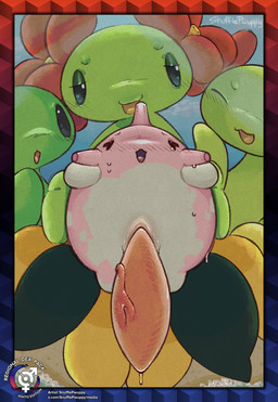 animal_genitalia beach blush blush_lines bodily_fluids border countershading duo_focus eyes_closed female feral foam genital_slit genitals green_body grinding group holding_from_behind holding_partner interspecies looking_pleasured male male/female narrowed_eyes open_mouth outside outside_sex penis pink_body pink_penis plant sand sex sweat sweatdrop tapering_penis text vein veiny_penis voyeur white_body white_countershading snufflepwuppy nintendo pokemon bellossom corsola elemental_creature flora_fauna generation_2_pokemon pokemon_(species) hi_res signature url watermark