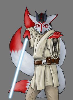 2_horns 3_tails 5_fingers anthro arm_tattoo belt biped black_hair black_nose blue_lightsaber bottomwear brown_belt claws clothed clothed_anthro clothed_male clothing cosplay dipstick_tail eye_markings facial_markings facial_tattoo fighting_pose finger_claws fingers front_view fully_clothed fully_clothed_anthro fully_clothed_male fur gloves_(marking) grey_background grey_claws grey_horn hair head_markings head_spikes holding_lightsaber holding_melee_weapon holding_object holding_weapon horn humanoid_hands iris jedi light lightsaber long_tail looking_at_viewer male male_anthro markings melee_weapon monotone_background monotone_bottomwear monotone_clothing monotone_hair monotone_horn monotone_pants monotone_topwear mouth_closed multi_tail multicolored_body multicolored_ears multicolored_fur multicolored_tail pants pose pouch_(clothing) pupils red_body red_ears red_eyes red_fur red_hair red_hands red_markings red_spikes red_tail_tip red_tattoo robe sharp_horn simple_background snout solo spikes spikes_(anatomy) tail tail_markings tan_bottomwear tan_clothing tan_pants tan_topwear tattoo topwear tribal tribal_markings tribal_tattoo tuft two_tone_body two_tone_ears two_tone_fur weapon white_body white_ears white_fur white_sclera white_tail dawnlux star_wars canid canine fox mammal 2025 digital_media_(artwork) hi_res lighting portrait shaded three-quarter_portrait