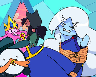 alternate_species alternate_universe beard black_hair bound breasts candy clothed clothing crown dessert dress facial_hair female food group hair headgear long_hair male mustache open_mouth pink_body pink_hair pseudo_hair rope shirt smile teeth tiara toony topwear discount-supervillain adventure_time cartoon_network ice_king marceline_abadeer princess_bubblegum starchy_(adventure_time) avian bird candy_people_(at) food_creature humanoid living_candy mammal penguin 5:4 digital_media_(artwork)