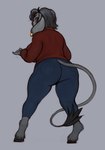 anthro big_breasts black_nose blue_bottomwear blue_clothing blue_jeans blue_pants bottomwear breast_squish breasts butt clothed clothing denim denim_bottomwear denim_clothing ear_piercing ear_tag female fingers floppy_ears fur grey_body grey_fur hooves horn jeans looking_back pants piercing red_clothing solo squish sweater tail tail_motion tail_tuft topwear tuft turtleneck wide_hips chelodoy miravine bovid bovine cattle mammal 2022 hi_res