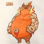 2018 2_toes alternate_color alternate_species anthro belly biped brown_eyebrows cloven_hooves elemental_creature emboar english_text eyebrows fakemon featureless_crotch feet fire firefightdex fist flaming_hair flaming_mane front_view frown full-length_portrait generation_5_pokemon grey_hooves hatching_(art) hi_res hooves lava looking_at_viewer male mammal marco_fanjul marker_(artwork) mineral_fauna mixed_media moobs navel nintendo nude obese obese_anthro obese_male outie_navel overweight overweight_anthro overweight_male pen_(artwork) pig_nose pokemon pokemon_(species) portrait pseudo_hair pseudo_mane red_eyes red_nose rock shaded shadow simple_background solo standing suina text thick_eyebrows toes toony traditional_media_(artwork) tusks unibrow white_background