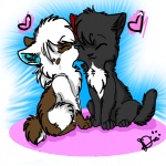 black_body black_fur blue_nose brown_body brown_fur chibi duo eyes_closed female feral fur hair head_tuft heart_symbol kissing kissing_cheek love male romantic romantic_couple simple_background sitting tail tuft white_body white_fur white_hair anthropornorphic blade_(character) rena_(hinauchi) canid canine canis domestic_cat domestic_dog felid feline felis fox mammal wolf 1:1 cel_shading digital_drawing_(artwork) digital_media_(artwork) shaded