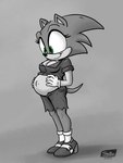 anthro breasts cleavage clothed clothing crossgender female footwear gloves green_eyes handwear high_heels navel pregnant pregnant_anthro pregnant_female shoes short_tail smile solo tail torn_clothing shieltar sega sonic_the_hedgehog_(series) sonic_the_hedgehog eulipotyphlan hedgehog mammal 2022 3:4 greyscale hi_res monochrome