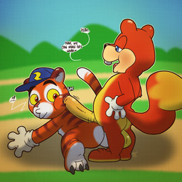 all_fours backsack balls baseball_cap big_penis blue_eyes buckteeth butt clothing dialogue duo erection foreskin fur genitals gloves handwear hat headgear headwear hot_dogging huge_penis kneeling long_penis male male/male orange_body orange_fur partially_retracted_foreskin penis penis_against_cheek poking_cheek red_body red_eyes red_fur sex speech_bubble teeth text yellow_sclera young argon_vile conker's_bad_fur_day diddy_kong_racing donkey_kong_(series) nintendo rareware conker timber_the_tiger felid mammal pantherine rodent sciurid tiger tree_squirrel 1:1 english_text hi_res