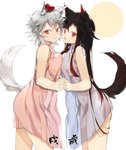 black_hair blush breast_squish breasts clothed clothing duo female hair hat headgear headwear long_hair moon open_mouth red_eyes simple_background smile squish tail tokin_hat white_background white_hair kasuka_(kusuki) touhou kagerou_imaizumi momiji_inubashiri animal_humanoid canid canid_humanoid humanoid mammal mammal_humanoid 2018