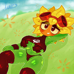 big_breasts biped blush blush_lines breasts clothed clothing detailed_background eyelashes eyewear eyewear_on_head female fingernails flower freckles front_view goggles goggles_on_head grass green_body hand_behind_head legwear lying nails nipple_tape not_furry on_back outside pasties plant pseudo_hair smile solo tape thick_thighs topwear under_boob underwear wristband matz_(pixiv) electronic_arts plants_vs._zombies plants_vs._zombies_heroes popcap_games solar_flare_(pvz) elemental_creature elemental_humanoid flora_fauna flower_creature humanoid plant_humanoid sunflower_(pvz) 1:1 2025 digital_drawing_(artwork) digital_media_(artwork) hi_res signature
