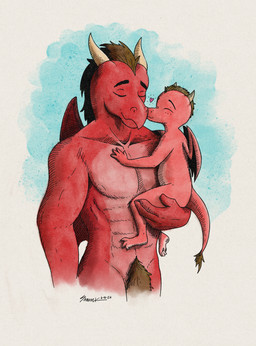 3_toes 4_fingers abs anthro athletic athletic_anthro athletic_male biceps blue_background brown_hair carrying_another countershade_crotch countershade_feet countershade_legs countershade_torso countershading duo eyes_closed feet fingers hair heart_(marking) holidays horn kissing male male_anthro markings membrane_(anatomy) membranous_wings mohawk muzzle_kiss nude nude_anthro nude_male pecs plantigrade pubes red_body simple_background soles tail tail_fluff tail_tuft text toddler toes tuft white_background wings young young_male samareck father's_day mythology dragon mythological_creature mythological_scalie scalie 2026 absurd_res dated digital_drawing_(artwork) digital_media_(artwork) hi_res signature father_(lore) father_and_child_(lore) father_and_son_(lore) parent_(lore) parent_and_child_(lore) parent_and_son_(lore) son_(lore)