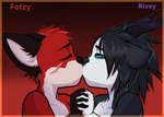 anthro black_body black_fur blue_eyes duo eyes_closed fur hand_holding horn kissing male male/male red_body red_fur scar unknown_artist rivey_ravenheart xfotzy canid canine canis domestic_dog fox husky mammal nordic_sled_dog spitz hi_res