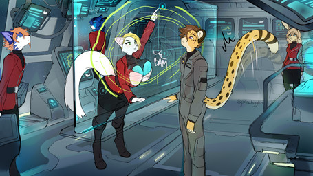 against_surface anthro big_breasts big_butt blonde_hair breasts breasts_on_glass butt cosmic_background curvy_figure distracted ear_piercing female fur glass group hair on_glass piercing science_fiction slightly_chubby slightly_chubby_female space space_background spacecraft vehicle white_body white_fur peachygho kiko_kempt zachariah_(velocitycat) cheetah felid feline mammal 16:9 4k absurd_res hi_res widescreen