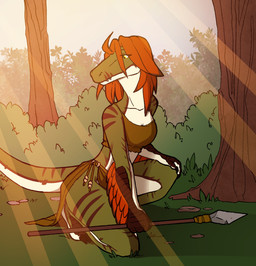 anthro bottomwear breasts claws clothed clothing countershading crouching feathers feet female grass green_body holding_melee_weapon holding_object holding_polearm holding_spear holding_weapon light light_beam loincloth melee_weapon non-mammal_breasts outside plant polearm shrub side_view solo spear stripes sunbeam sunlight tail teeth toes topwear tree weapon yellow_eyes morgdl melody_(user_55) dinosaur dromaeosaurid prehistoric_species reptile saurischian scalie theropod velociraptor hi_res
