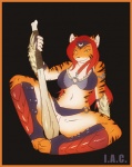 anthro armor bone border bottomwear clothed clothing club_(weapon) female genitals green_eyes hair long_hair melee_weapon orange_border pussy raised_bottomwear raised_clothing raised_leg raised_skirt red_hair skirt solo spread_legs spreading stripes thick_thighs unconvincing_armor weapon ryukyur felid mammal pantherine tiger 2010