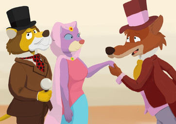 accessory anthro biped bottomwear clothing group hat headgear headwear male necktie pants shirt standing suit topwear piothecloudrat around_the_world_with_willy_fog willy_fog canid canine felid fox lion mammal pantherine 2026 absurd_res character_request hi_res