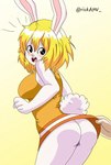 ambiguous_gender anthro blonde_hair breasts butt clothed clothing dress duo female female/ambiguous fur genitals hair hand_on_dress innie_pussy peek pussy solo_focus spying surprised_expression tail teeth white_body white_fur rick_lewd one_piece carrot_(one_piece) human lagomorph leporid mammal minkmen_(one_piece) rabbit hi_res