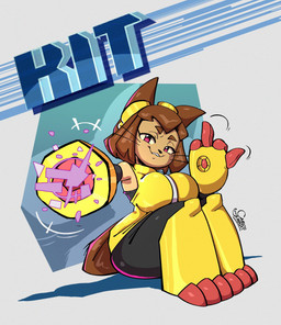 4_fingers anthro arm_cannon big_breasts breasts brown_body brown_hair clothing eyebrows eyelashes eyewear eyewear_on_head female fingers gesture goggles goggles_on_head hair hand_gesture magenta_eyes middle_finger sitting smile solo weapon_arm whiskers yellow_sclera carlos_jurado_cartoons gameoverse glitch_productions kit_bodega domestic_cat felid feline felis mammal 2026 hi_res
